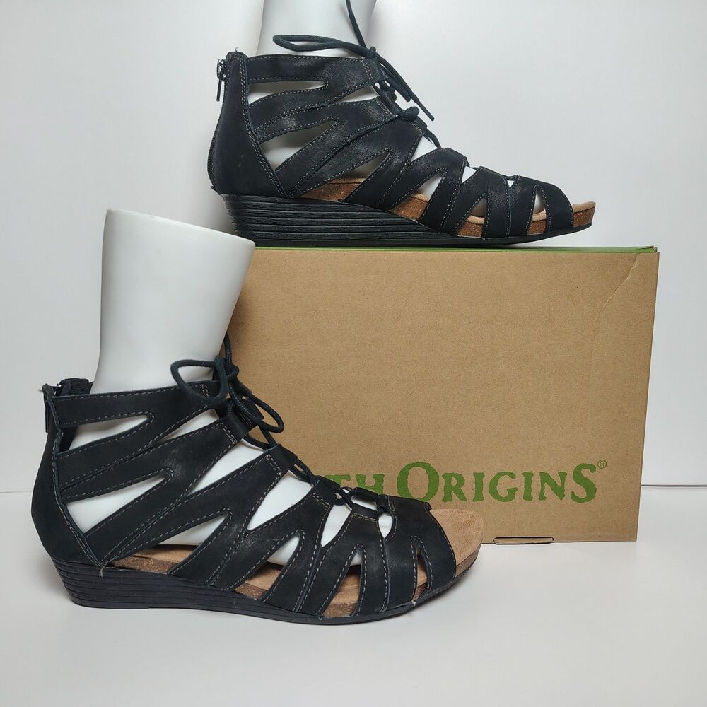 Earth Origins 11M Harley Black Leather Strappy Cage Gladiator Wedge Sandals